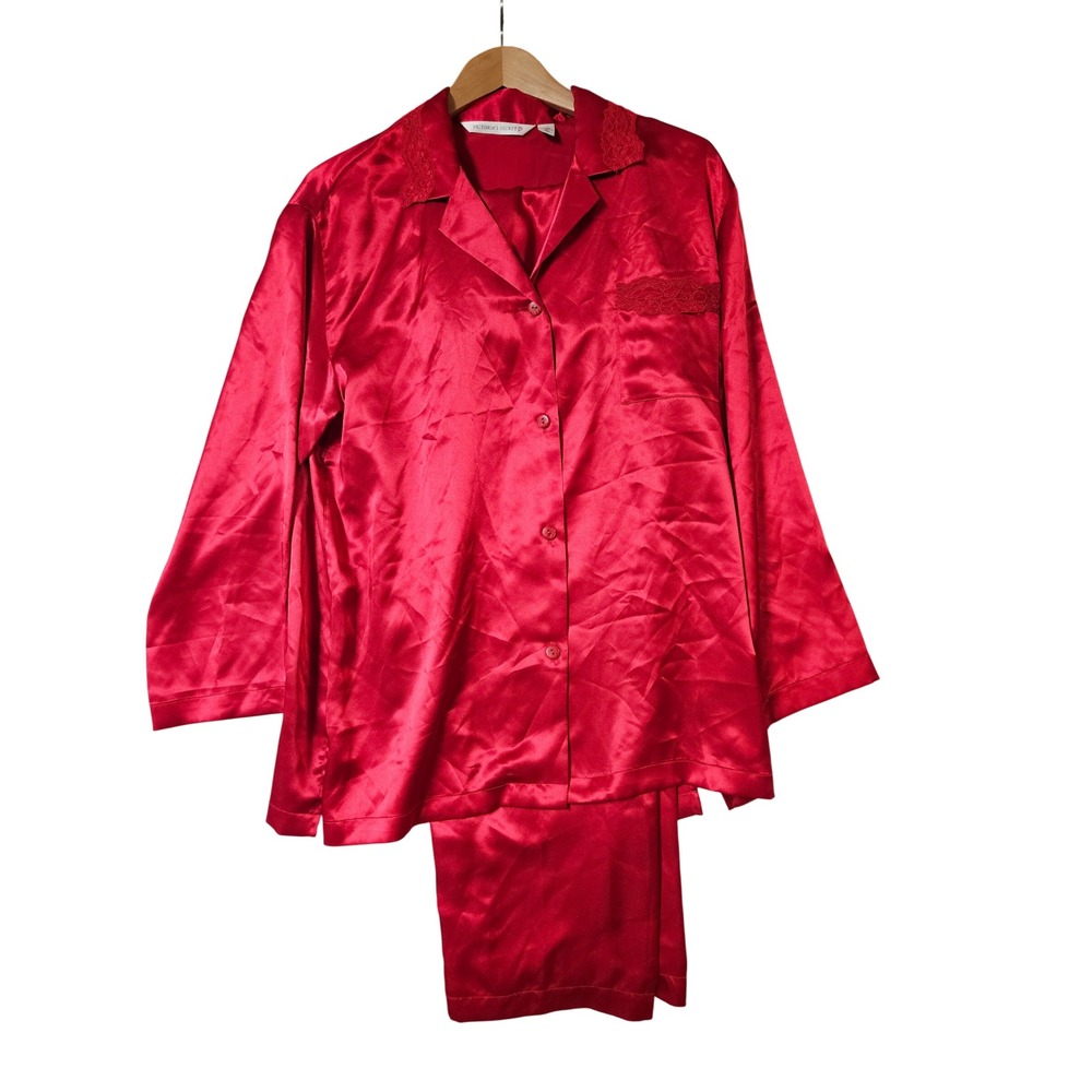 Victoria's Secret Red Satin Pajama Set Lace Trim Button Front Top Pants Medium